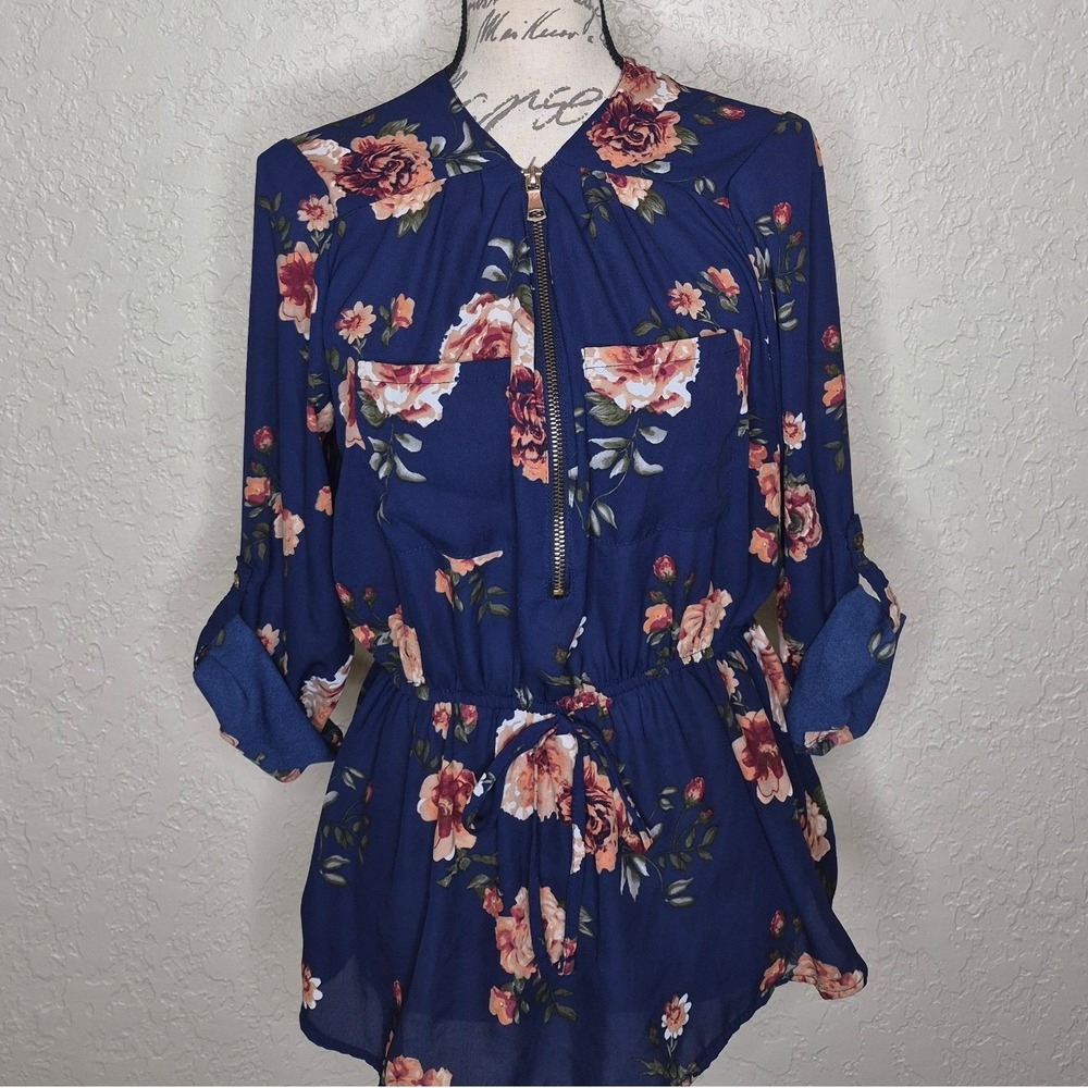 J for Justify Navy Blue Floral Roll Tab Sleeve Zip Front Blouse Large